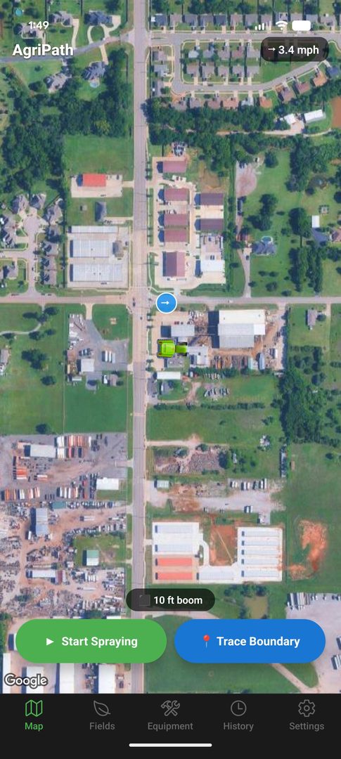 AgriPath running on an Android phone, showing a live spray session with green swath polygons painted across a satellite-view field, a wind speed badge, and a live acres counter.