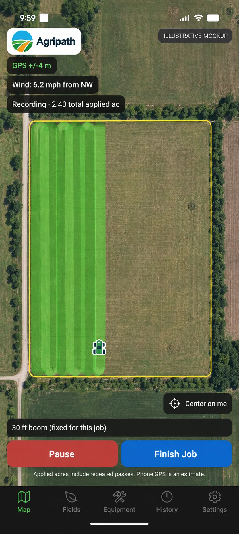 Illustrative AgriPath mockup with green recorded coverage passes inside a field boundary, a vehicle marker, wind information, and recording controls. Field imagery and readings are simulated.